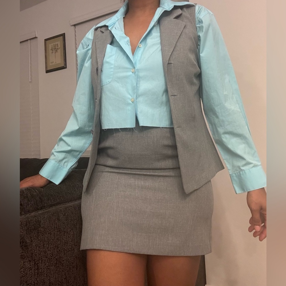 Gray Vest and Skirt Set with Blue Shirt